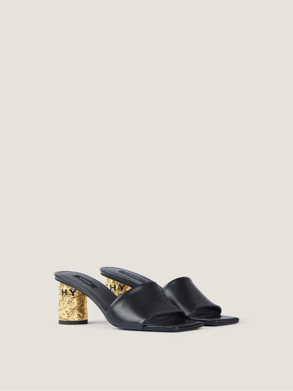 NEW Givenchy Black Leather Slide Heels with Gold Embossed Block Heel